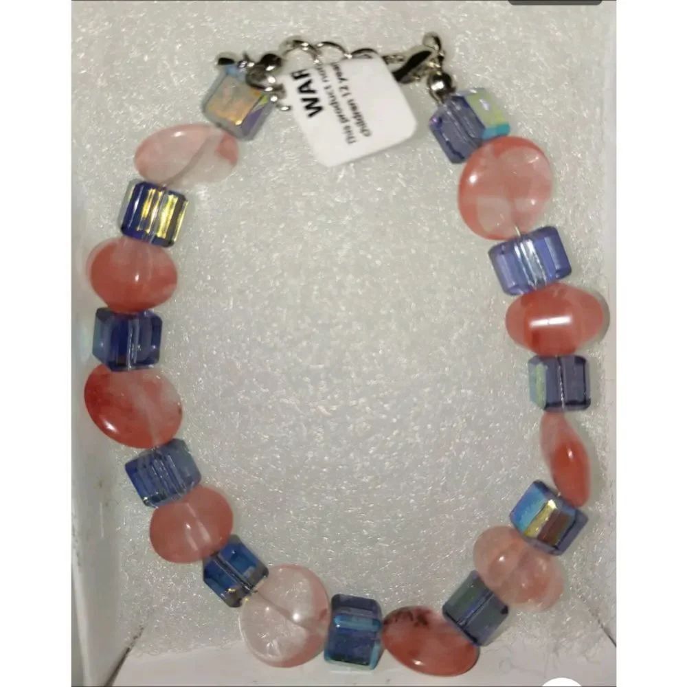 HANDMADE 7" Bracelet PINK QUARTZ w/ PURPLE IRIDESCENT square Glass